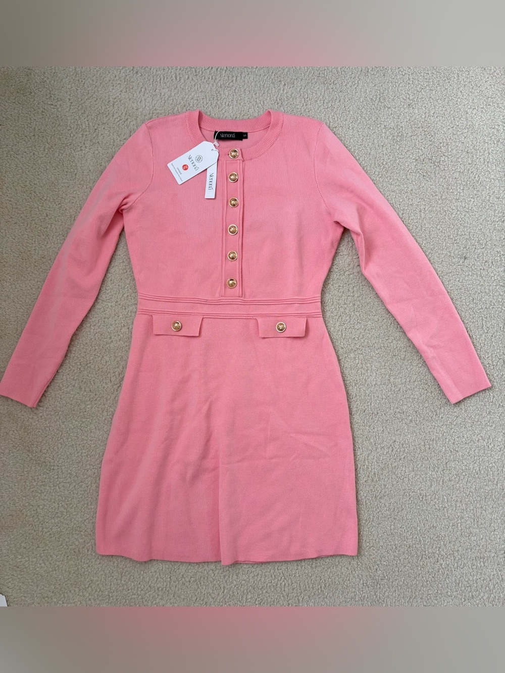 Nenona coral pink bodycon knit sweater dress gold buttons sz S, preppy Barbie - Picture 2 of 7